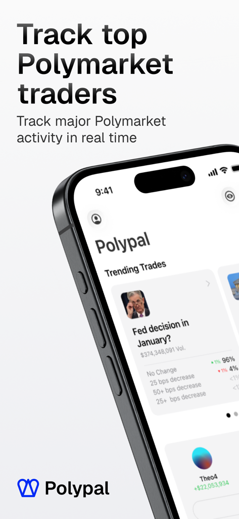 Polypal - Polymarket tracker - Polypal-App-Oberfläche auf einem Smartphone, die trendige Vorhersagemärkte und Daten zur Verfolgung von Top-Tradern anzeigt.