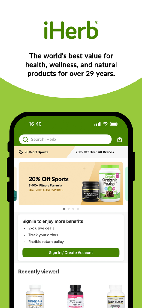 iHerb mobile app interface displaying health supplements and sports nutrition discounts