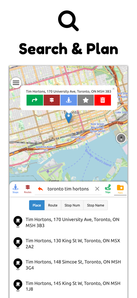 GTA Transit app search and plan screen with a map of Toronto and location search results