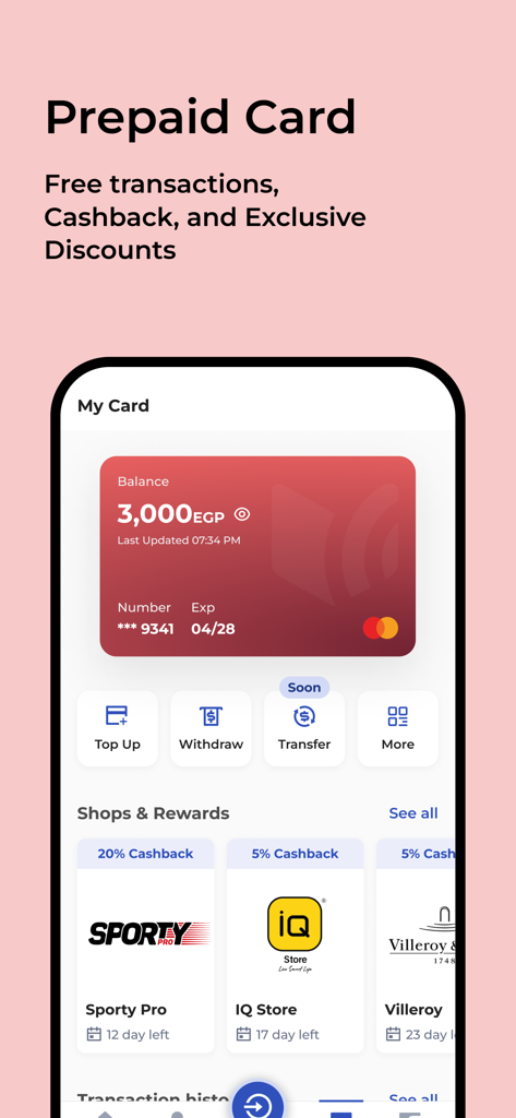 Mobile app interface of Money Fellows showing a prepaid Mastercard with balance and various cashback rewards from retail shops
