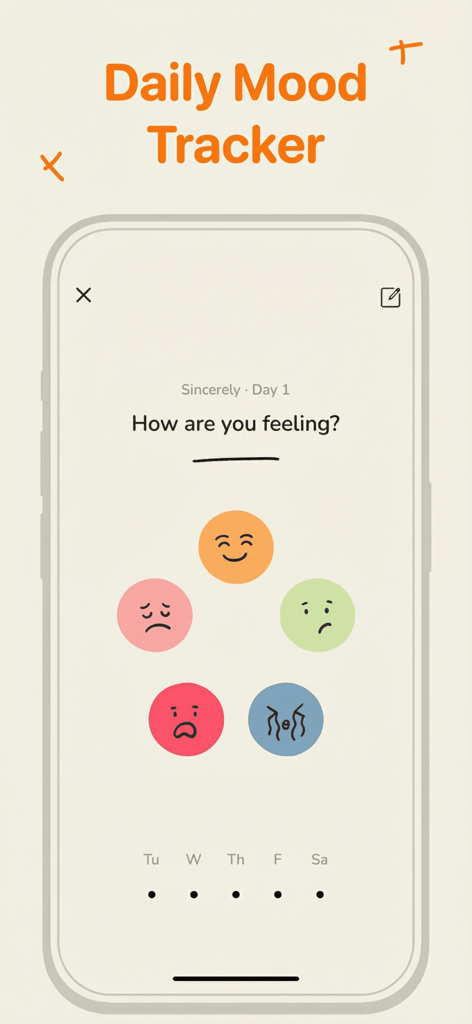 A mobile screen from the Sincerely app showing the daily mood tracker with various emotion icons and a prompt asking how the user is feeling