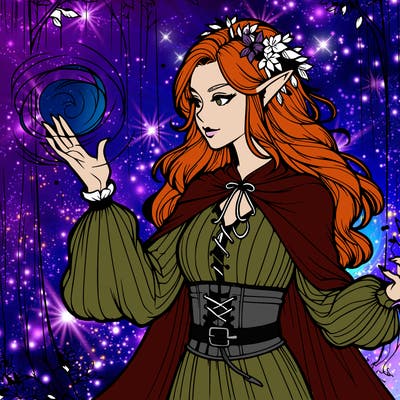 realistic elf in forest using her magic powers