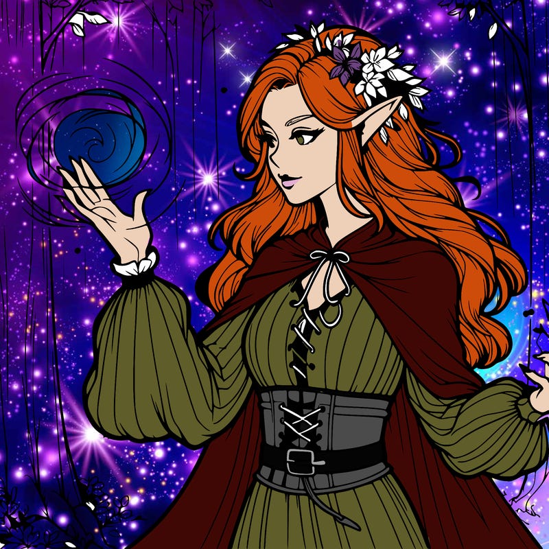 realistic elf in forest using her magic powers