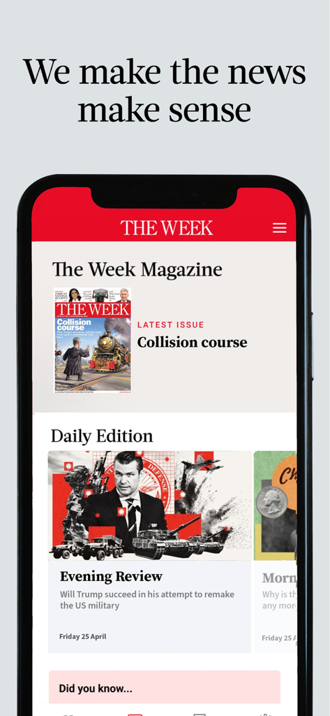 Home screen of The Week US Edition app featuring the magazine and daily edition news summaries.