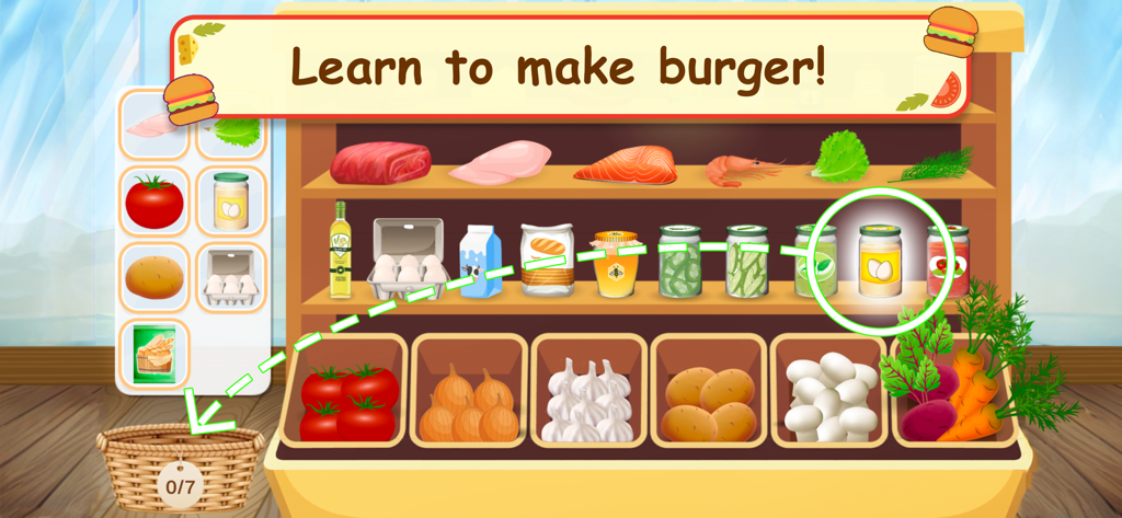 Burger Cafe – Cooking Games - 버거 카페 요리 게임에서 버거에 사용할 신선한 재료를 팬트리 선반에서 선택하는 모습