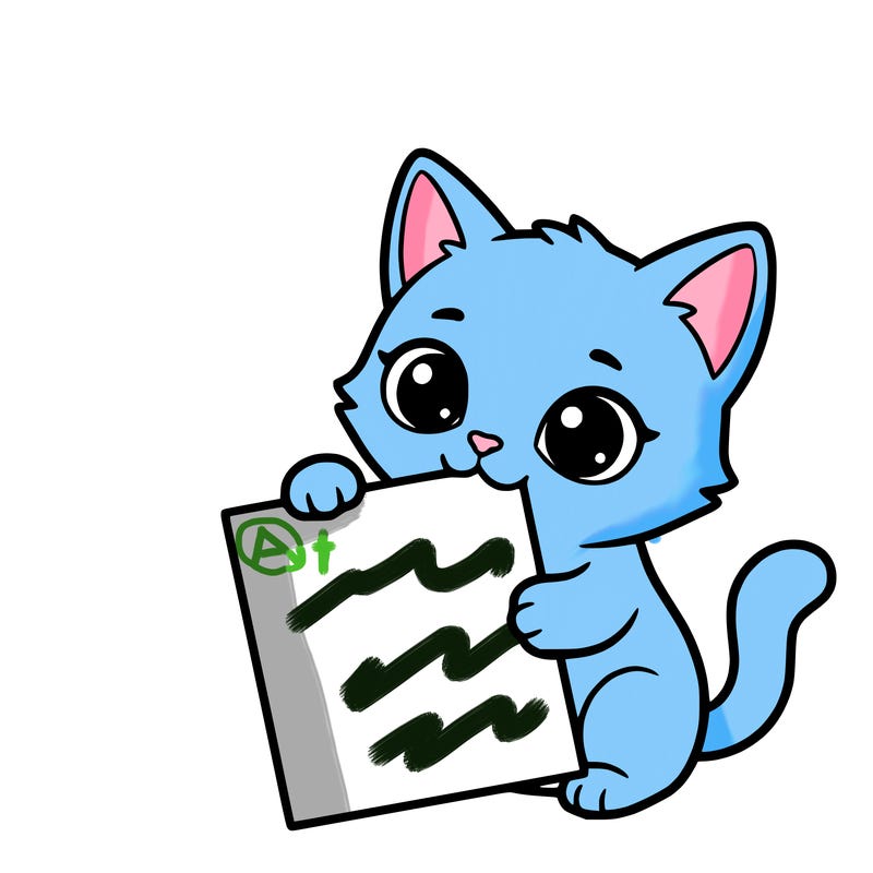 a small cat with a blank sheet of paper in its hand. the cat is sooooooo cute!