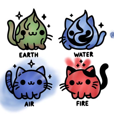 4 cats that represent the different elements, earth, water, air, and fire
