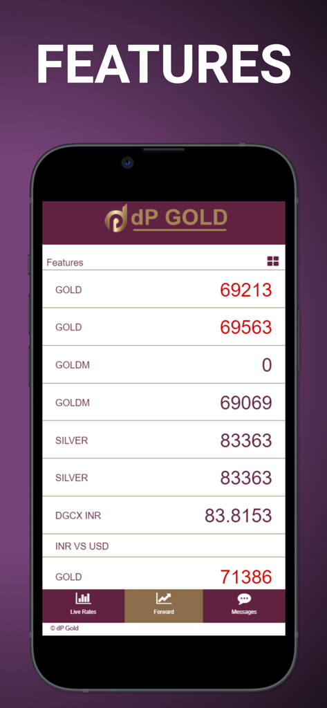 DP Gold app features screen with live bullion prices