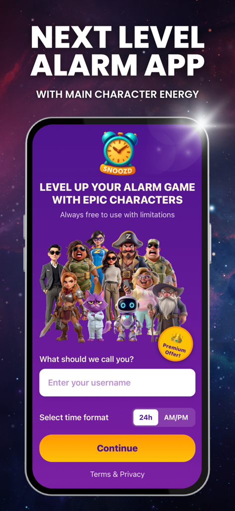 Snoozd Alarm Clock - Snoozd alarm app onboarding screen with diverse character avatars and username input.
