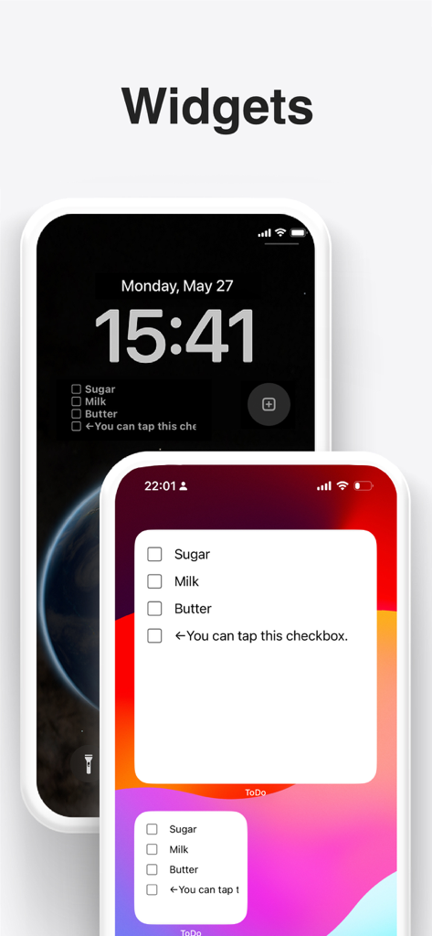 Pantalla de bloqueo y pantalla de inicio de iPhone mostrando widgets de lista de compras.