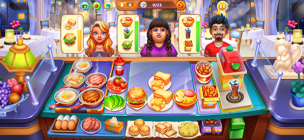 Cooking Fest Gameplay-Bildschirm, der einen Koch zeigt, der Kunden Burger und Nudeln serviert