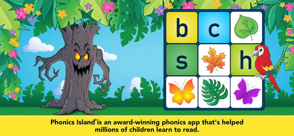 Una cuadrícula de juego de emparejamiento para preescolares con letras e íconos coloridos de la naturaleza, que incluye un loro y un personaje de árbol amigable.