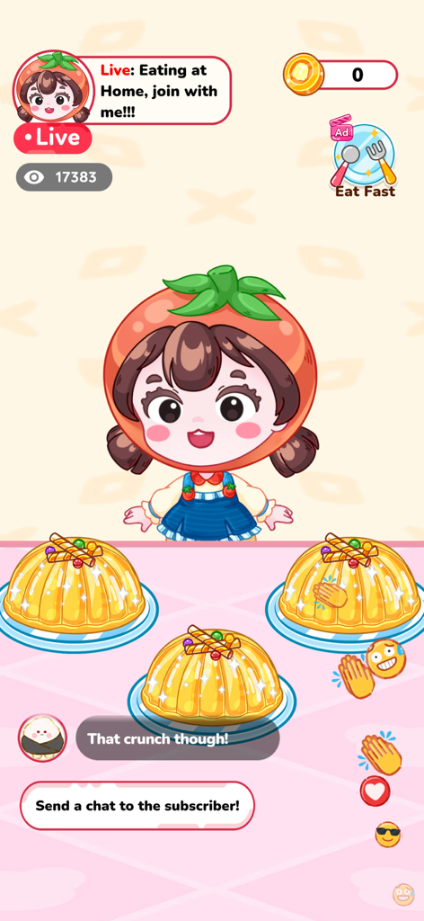 A cute cartoon character with a tomato hat live streaming while eating yellow jellies in the Mukbang Master game