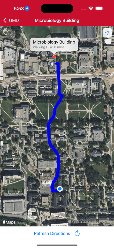 Aplicativo Campus Maps mostrando direções de caminhada por satélite para o Edifício de Microbiologia em um campus universitário