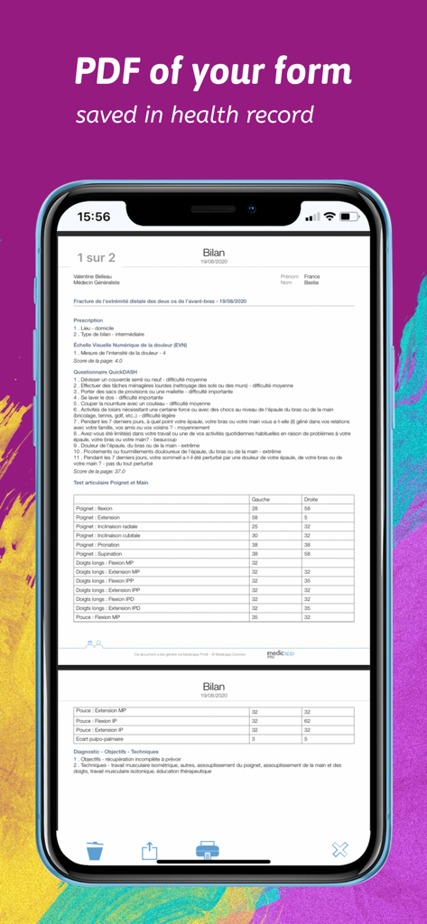 임상 평가 데이터를 포함한 생성된 의료 PDF 보고서를 표시하는 Medicapp Pro 모바일 앱.