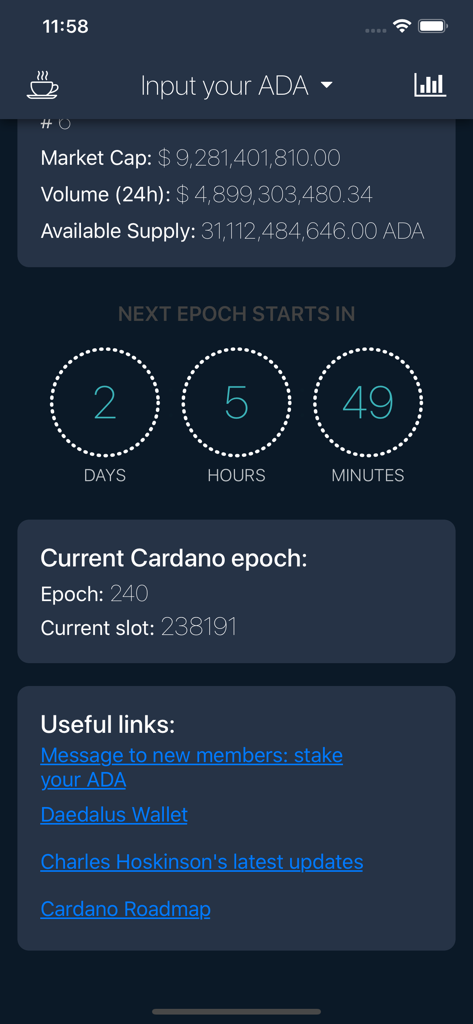 Interface do aplicativo Tool for ADA mostrando dados de mercado da Cardano e cronômetro de contagem regressiva para a próxima época