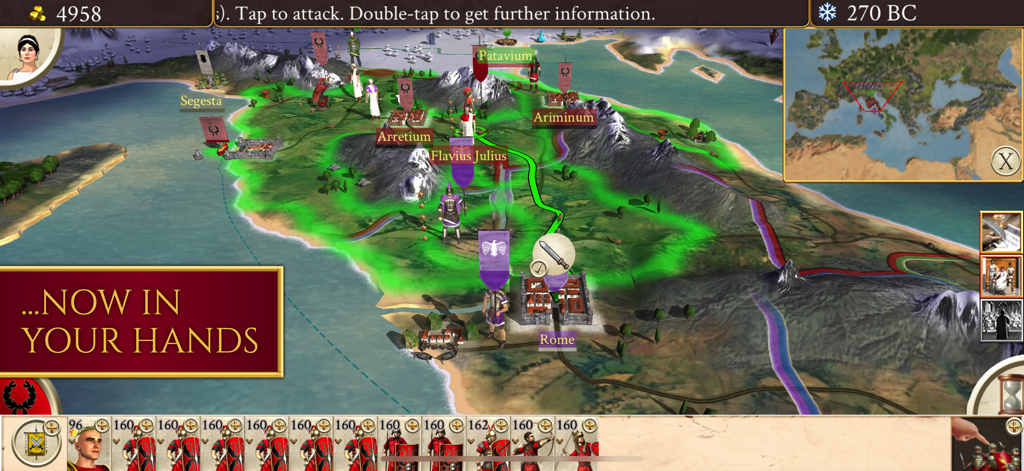 ROME Total War mobile campaign map showing the Italian peninsula and city of Rome