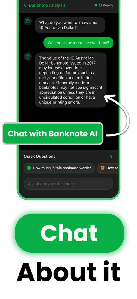 紙幣の評価と分析を提供するBankpediaアプリ内のAIチャットボットインターフェース