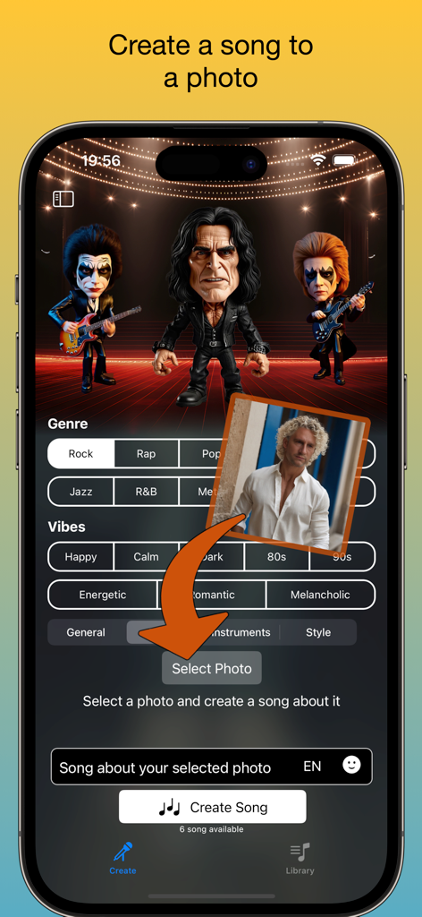 Interfaz de la aplicación djAI que muestra la función para crear una canción a partir de una foto con selecciones de género y ambiente