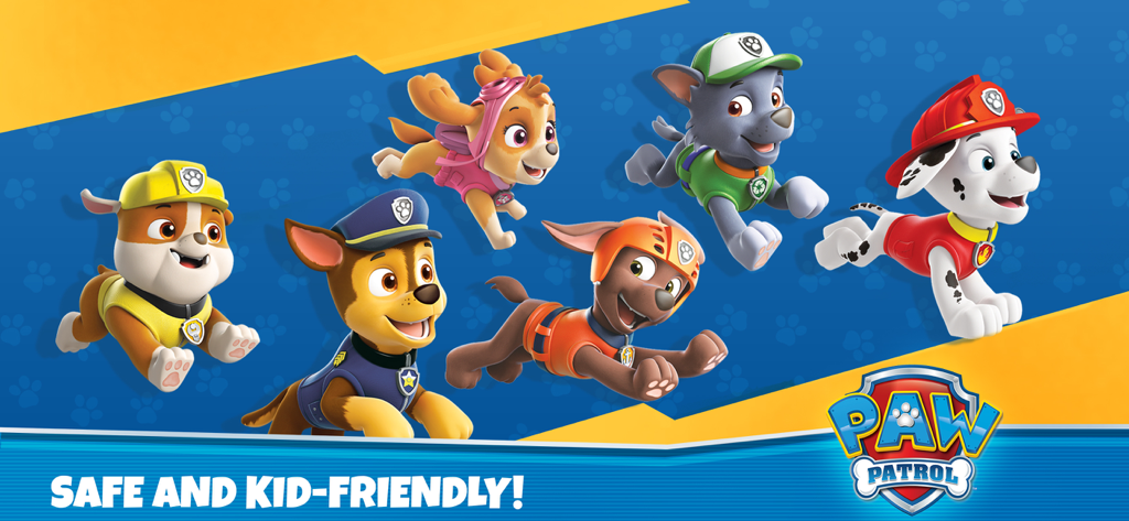 PAW Patrol Rescue World - Seis filhotes da Patrulha Canina pulando acima de uma mensagem segura e amigável para crianças.