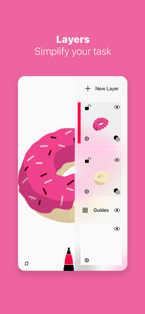 Tayasui Sketches - Tayasui Sketches app interface showing the layers management tool with a pink donut illustration