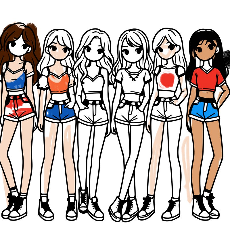 a group of girls wearing crop tops and shorts