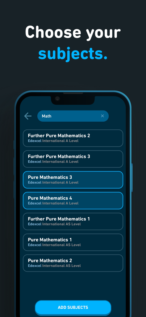 Revu - Scroll & Study - A-Level-Mathefach-Auswahlbildschirm in der Revu-Lern-App