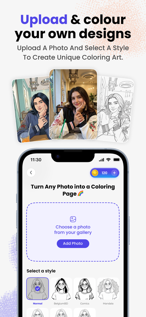 Drawee - Adult Colouring Book - Drawee app interface showing how to turn personal photos into custom coloring pages with various artistic styles.