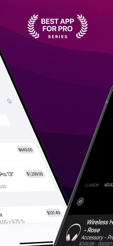 Invoice Center - Get Paid Fast - Mobile interface of the Invoice Center app displaying product pricing and inventory management features for small businesses