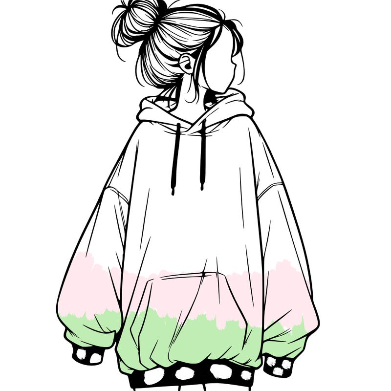 realistic girl with a oversized sweatshirt on and a bun