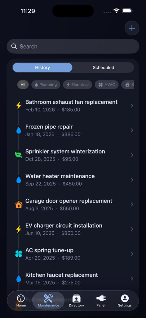 FixFolio mobile app interface showing a chronological log of completed home maintenance tasks including dates and repair costs