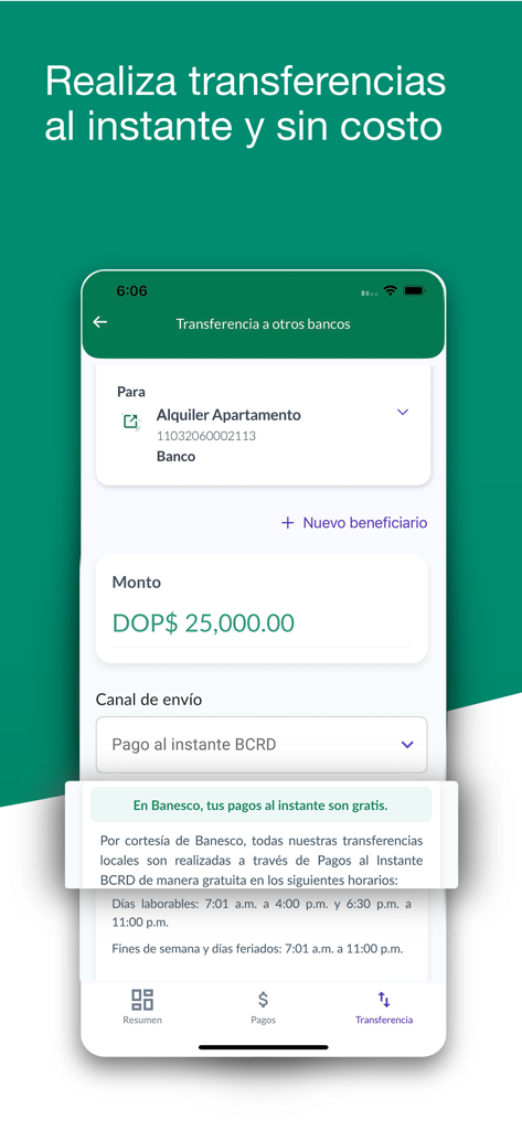Interfaz de la aplicación móvil Banesco RD para realizar transferencias bancarias instantáneas y gratuitas en la República Dominicana.