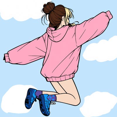 realistic girl jumping with a bun and oversized sweatshirt