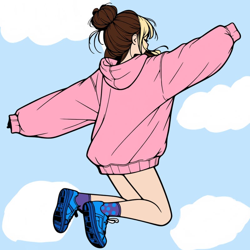 realistic girl jumping with a bun and oversized sweatshirt