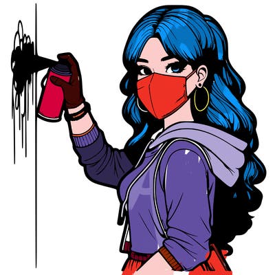 realistic girl with mask spray painting a wall