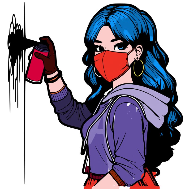 realistic girl with mask spray painting a wall