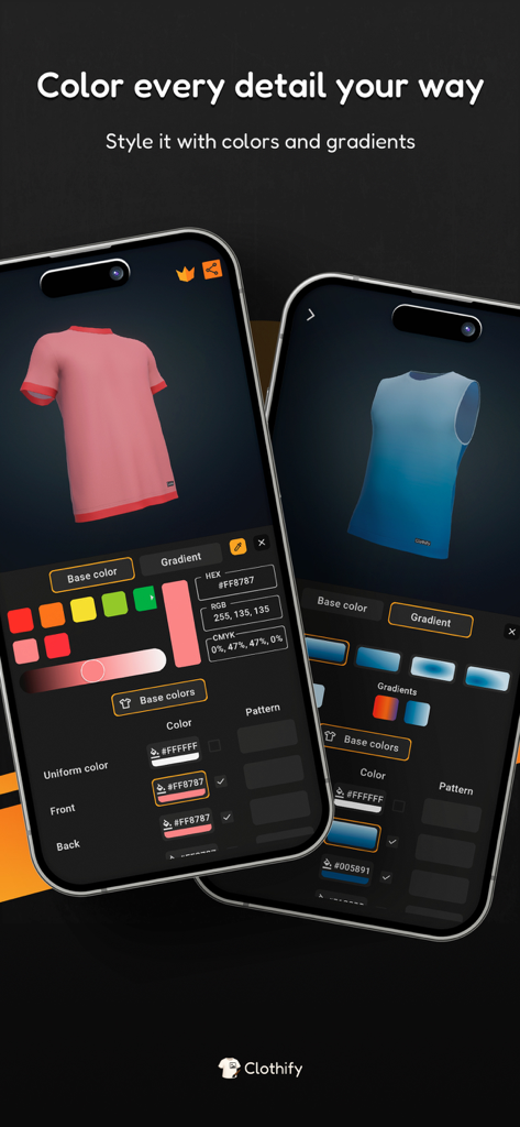 Clothify - Diseña ropa en 3D - Interfaz móvil de Clothify mostrando la personalización de ropa 3D con varios colores y degradados