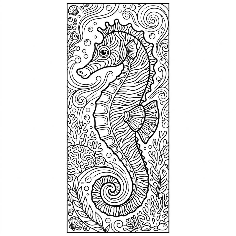 Transform your reading experience with this enchanting Zebra Seahorse bookmark coloring page. Featuring a beautifully detailed seahorse surrounded by intricate marine life, it's a perfect blend of creativity and utility.