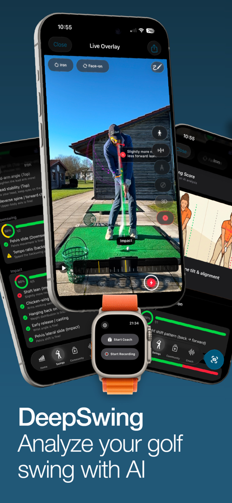 DeepSwing: AI Golf Swing Coach - Application DeepSwing montrant l'analyse de swing de golf IA sur iPhone et Apple Watch avec des superpositions de coaching en temps réel.