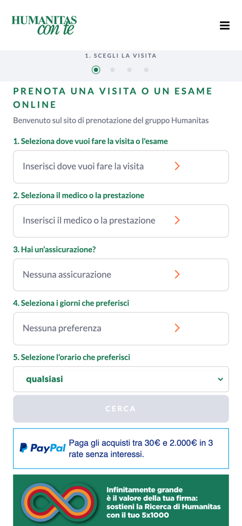 Humanitas Con Te - Mobile interface for booking a medical appointment or exam online within the Humanitas Con Te app