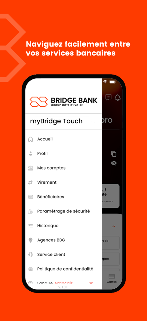myBridge Touch - Menú de navegación principal de la aplicación bancaria myBridge Touch que muestra cuentas y transferencias
