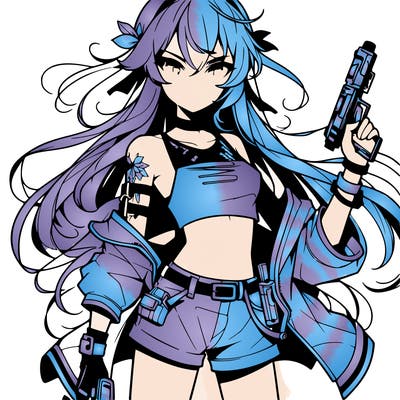 bad girl wearing crop top holding a gun long hair anime