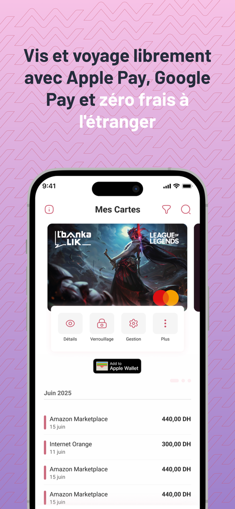 L'bankalik - Lbankalik app screen showing bank card management with Apple Pay integration and transaction history