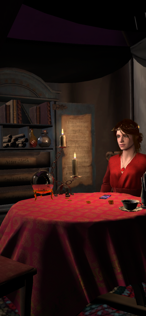 Tarot Reader 3D - Card reading - Una habitación mística en 3D con una lectora de tarot femenina sentada en una mesa roja con una bola de cristal y velas