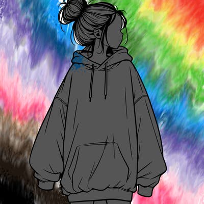 realistic girl with a oversized sweatshirt on and a bun