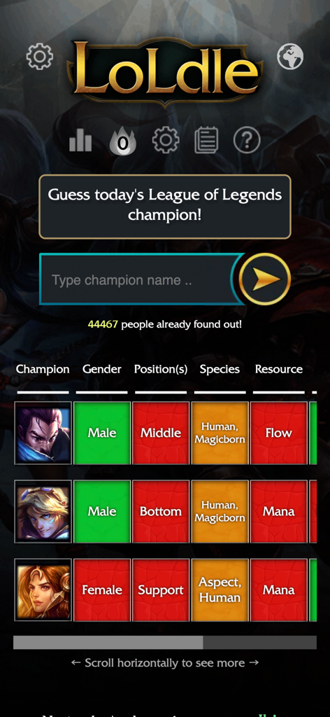 Interface du mode de jeu classique LoLdle Officiel montrant des tentatives de champion avec des indices d'attributs comme le genre et la position