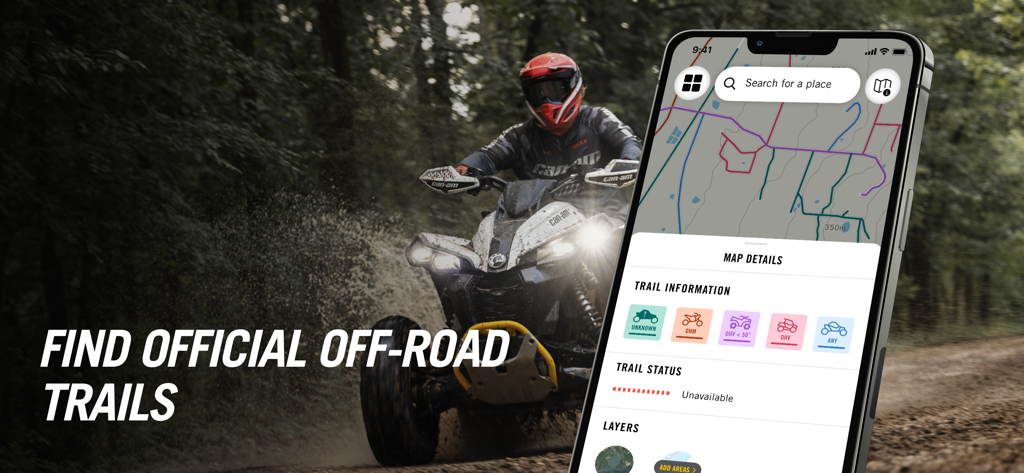 BRP GO!: Maps & Navigation - BRP GO app displaying official off-road trail maps and navigation information next to an ATV rider