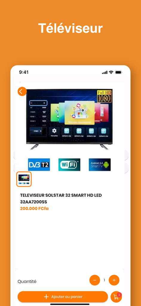 Boutik proximité - Uma página de produto para uma smart TV Solstar no aplicativo Boutik proximite.