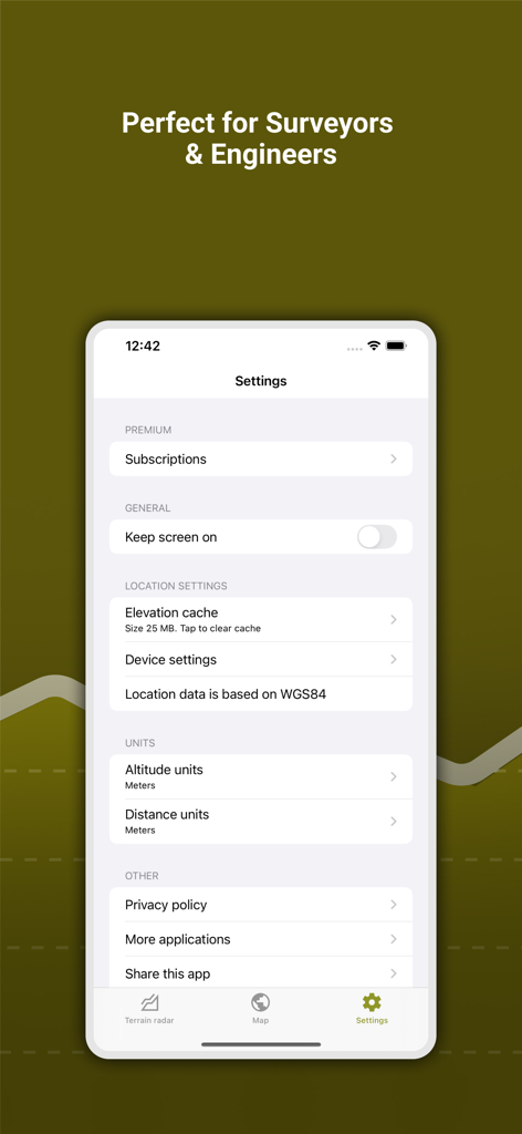 Tela de configurações do aplicativo Terrain Radar mostrando opções de configuração para unidades e dados de localização