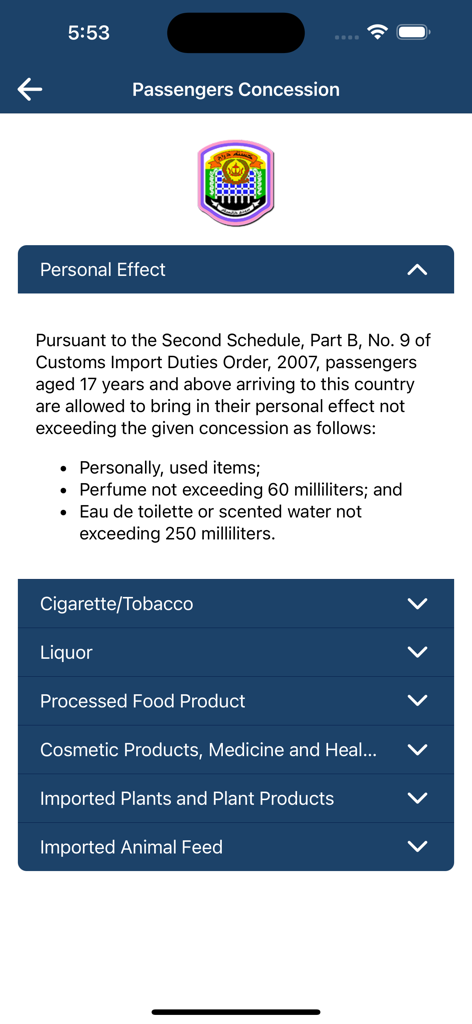 Customs.BN mobile app screen showing passenger concession rules and duty-free limits for travelers entering Brunei.
